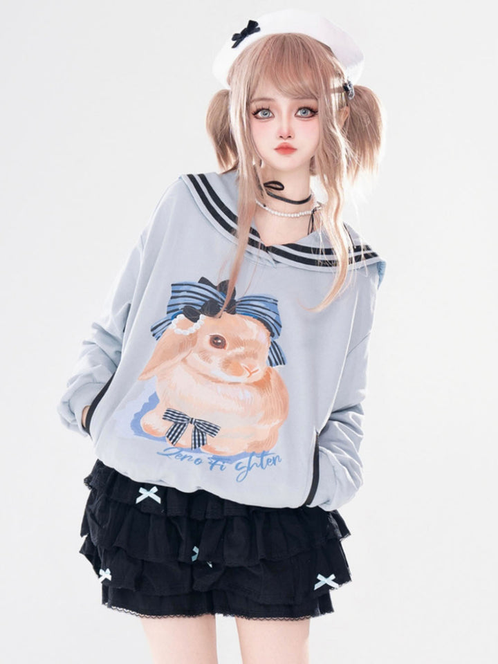 Gray/Light Blue Eli Rabbit Print Campus Sailor Collar Sweatshirt for Autumn