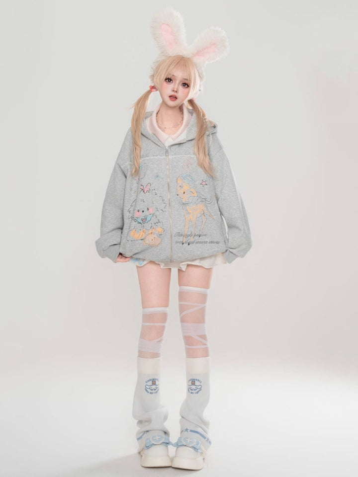 Gray Deer and Rabbit Print Sweet Style Loose-Fit Sweatshirt for Spring / Autumn