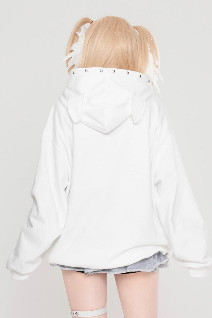 White Devil Bunny Studded Oversized Hoodie