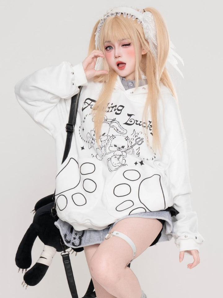 White Devil Bunny Studded Oversized Hoodie