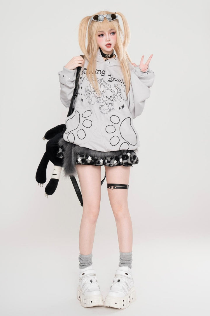 Gray Devil Bunny Studded Oversized Hoodie