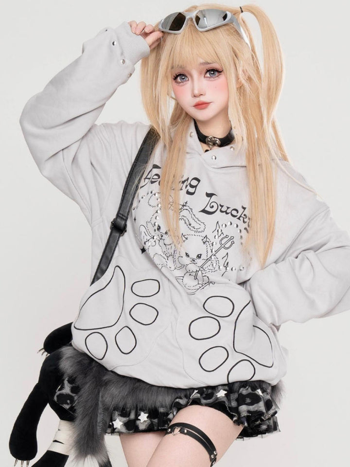 Gray Devil Bunny Studded Oversized Hoodie