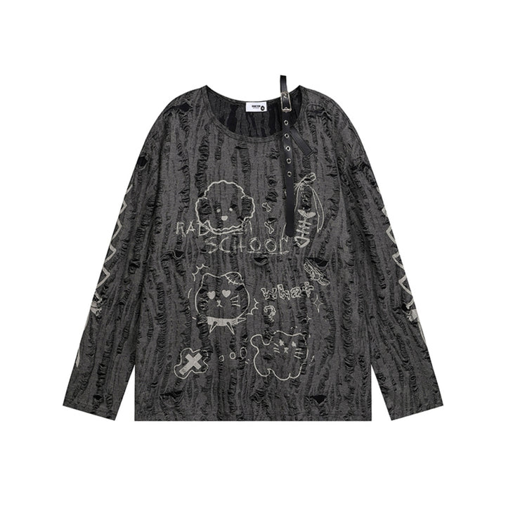 Gray Subculture Niche Wasteland Style Print Off-Shoulder Spring/Autumn Top