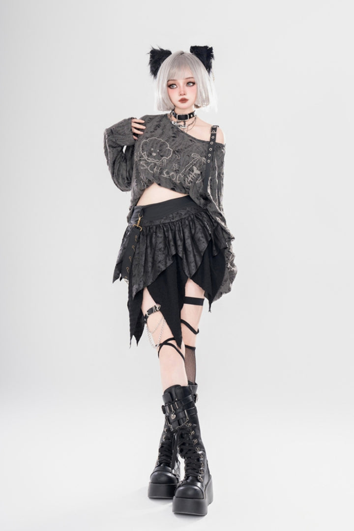 Gray Subculture Niche Wasteland Style Print Off-Shoulder Spring/Autumn Top