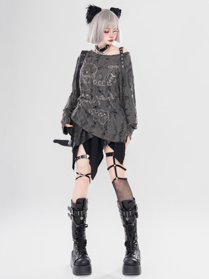 Gray Subculture Niche Wasteland Style Print Off-Shoulder Spring/Autumn Top
