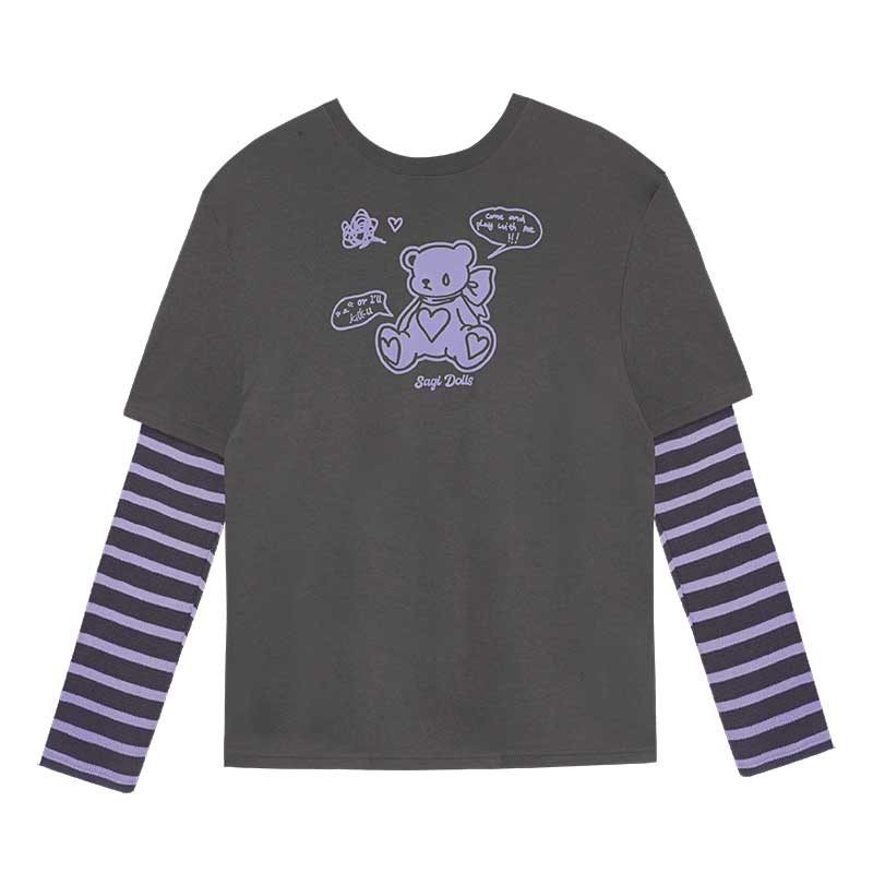 Gray-Purple Super Cute Bear Patchwork Fake Two-Piece Long-Sleeve T-Shirt