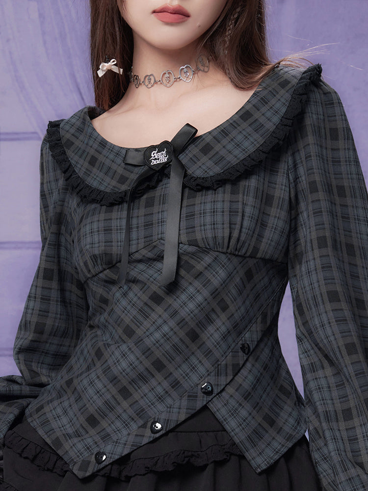 Doll Collar Long-Sleeve Plaid Slimming Blouse Shirt