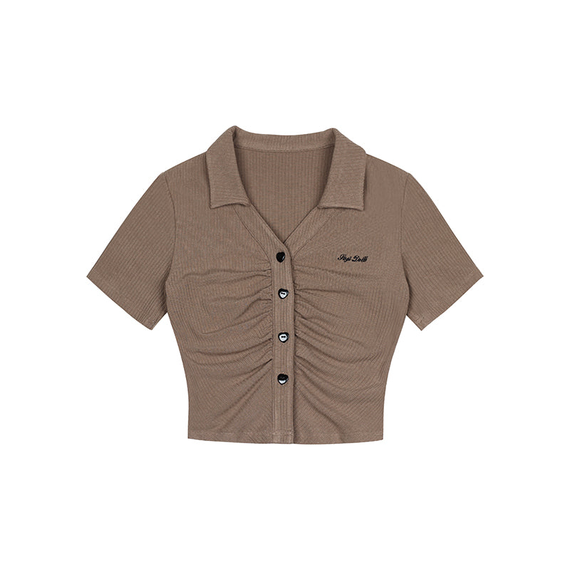 Brown Short-Sleeve V-Neck Knitted Cardigan Summer T-Shirt