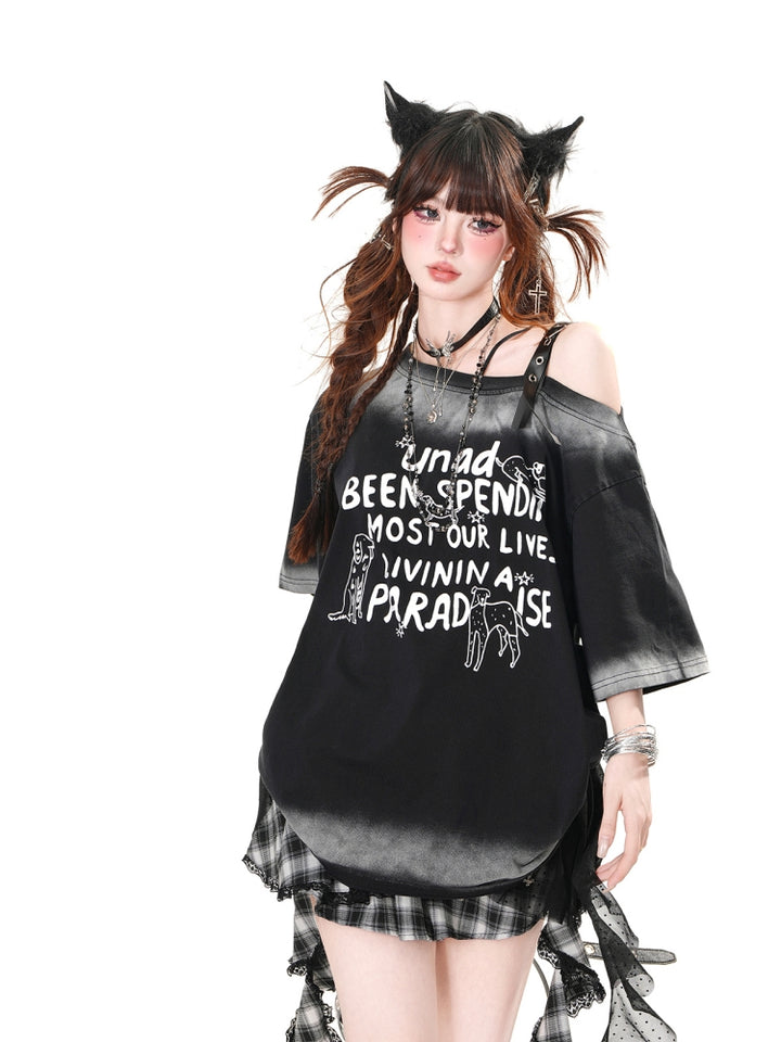 Off-Shoulder Short-Sleeve Relaxed Summer Loose Half-Sleeve Black T-Shirt
