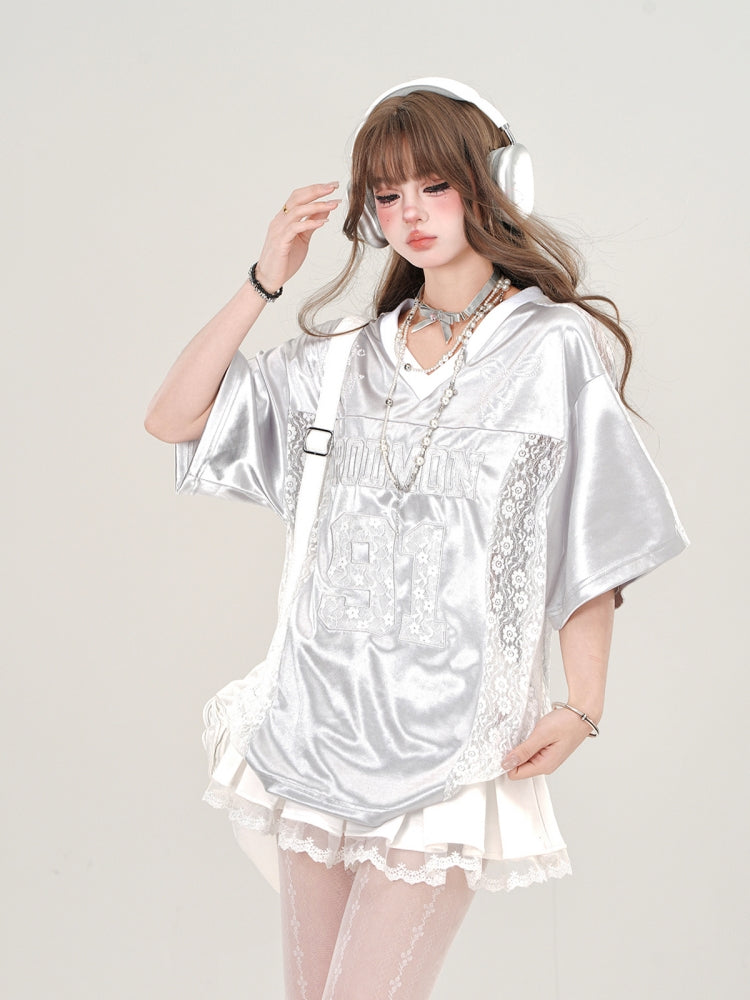 American-Style V-Neck Embroidered Short-Sleeve Loose Gray T-Shirt for Summer