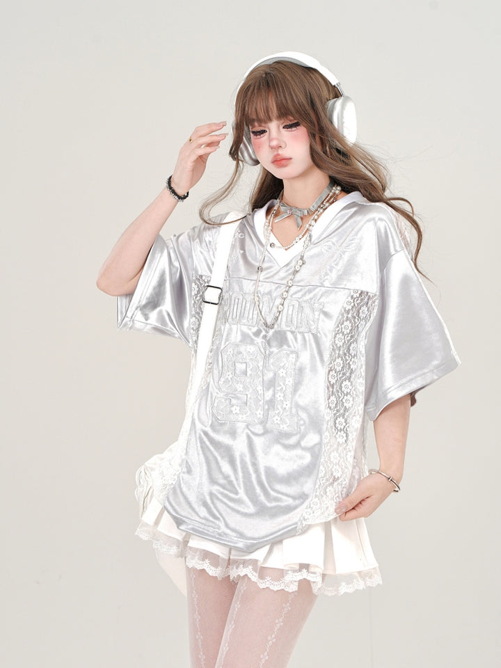 American-Style V-Neck Embroidered Short-Sleeve Loose Gray T-Shirt for Summer