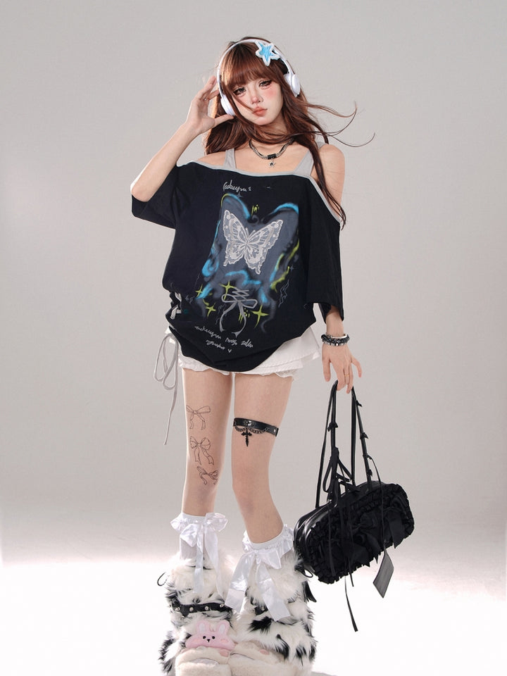 Off-Shoulder Loose Short-Sleeve Spaghetti Strap Black Top for Summer