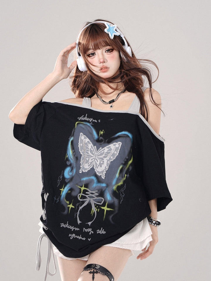 Off-Shoulder Loose Short-Sleeve Spaghetti Strap Black Top for Summer