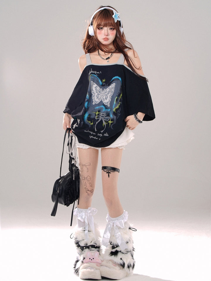 Off-Shoulder Loose Short-Sleeve Spaghetti Strap Black Top for Summer