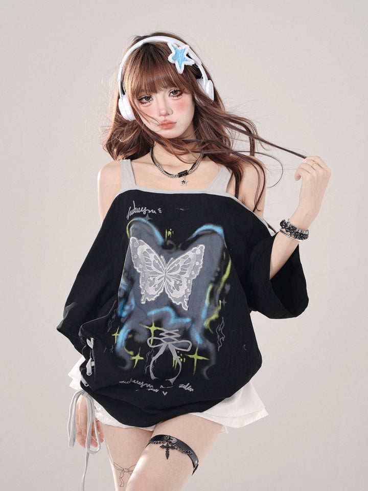 Off-Shoulder Loose Short-Sleeve Spaghetti Strap Black Top for Summer