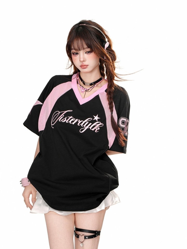 American-Style V-Neck Loose Square Shoulder Black Sports Top for Summer