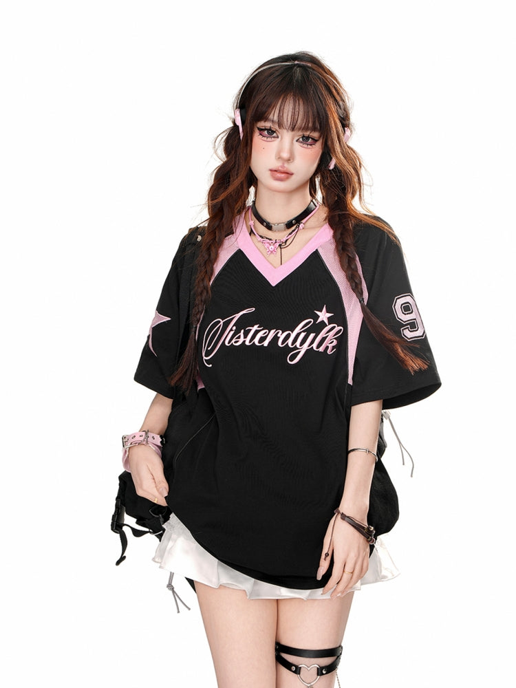 American-Style V-Neck Loose Square Shoulder Black Sports Top for Summer