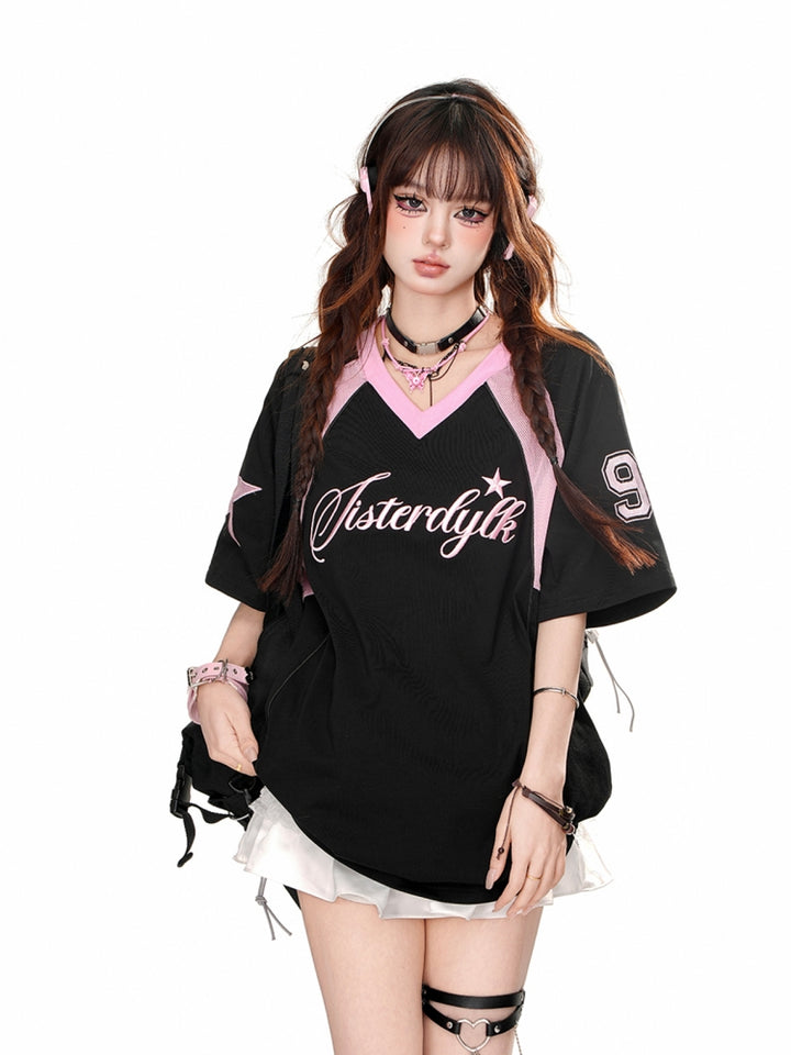 American-Style V-Neck Loose Square Shoulder Black Sports Top for Summer