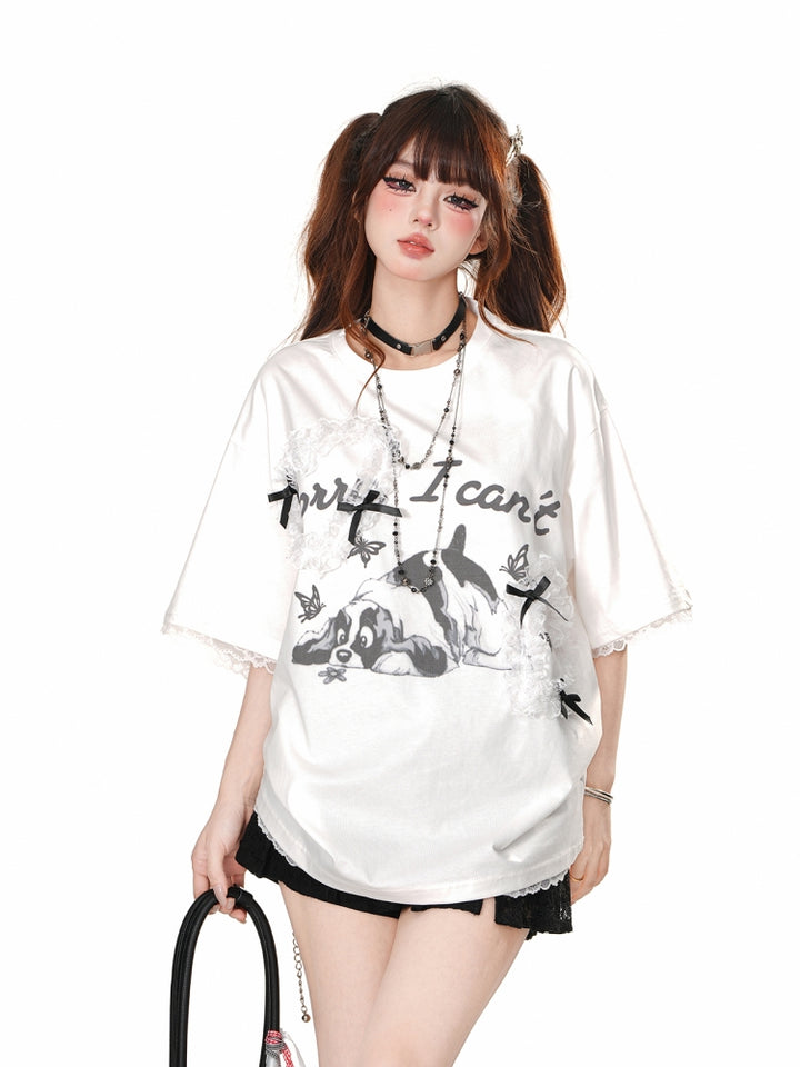 Cartoon Puppy Print Lace-Trimmed Ruffled Loose Short-Sleeve White T-Shirt