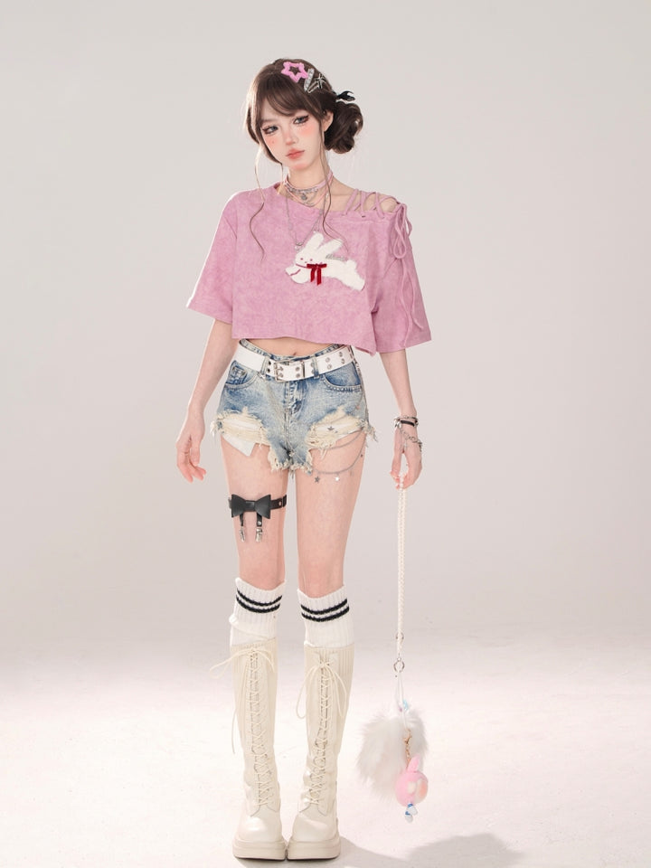 Rabbit Embroidery Pink Off-Shoulder Cropped Short-Sleeve T-Shirt for Spring Summer