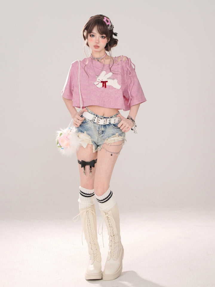 Rabbit Embroidery Pink Off-Shoulder Cropped Short-Sleeve T-Shirt for Spring Summer
