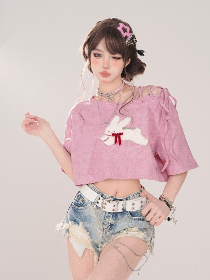 Rabbit Embroidery Pink Off-Shoulder Cropped Short-Sleeve T-Shirt for Spring Summer