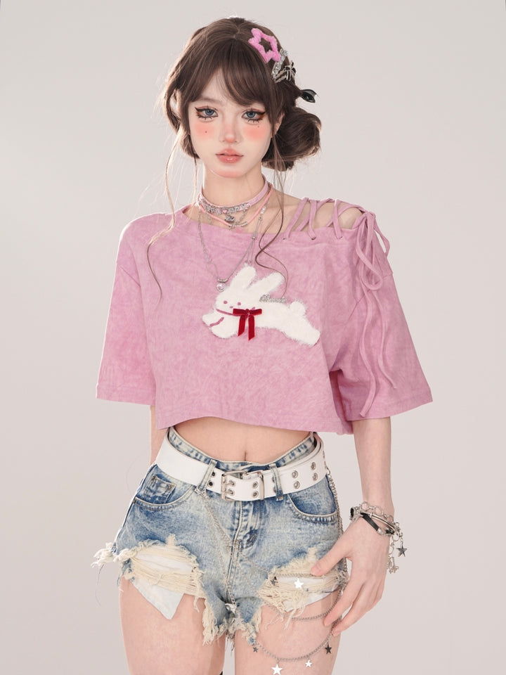 Rabbit Embroidery Pink Off-Shoulder Cropped Short-Sleeve T-Shirt for Spring Summer