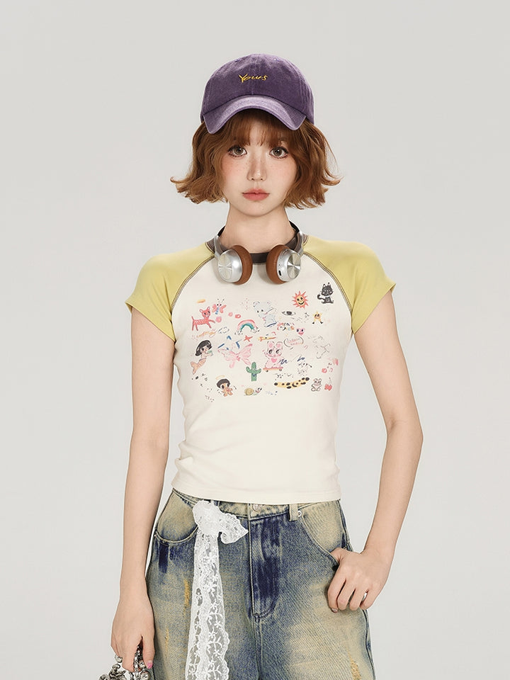 Vintage Color-Block Cartoon Graphic Short Sleeve Summer T-shirt