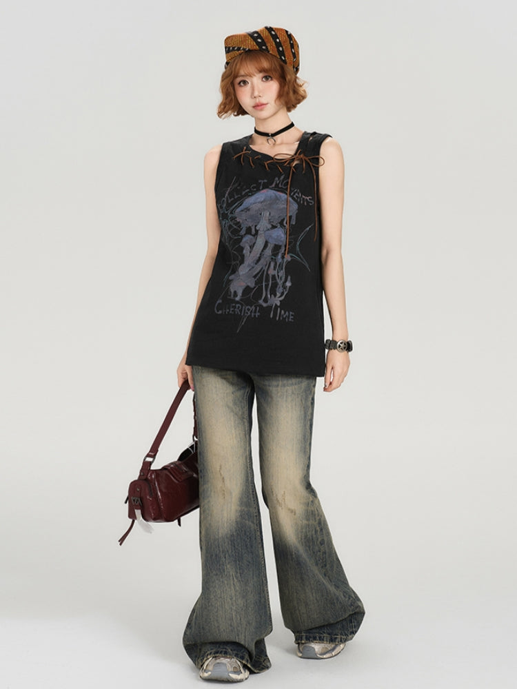 Cool Girl Street Look Vintage Sleeveless Black Tee