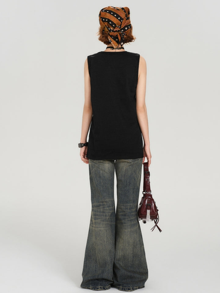 Cool Girl Street Look Vintage Sleeveless Black Tee