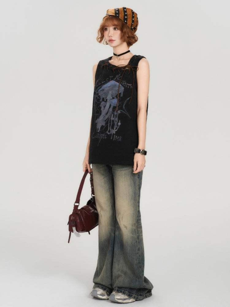 Cool Girl Street Look Vintage Sleeveless Black Tee