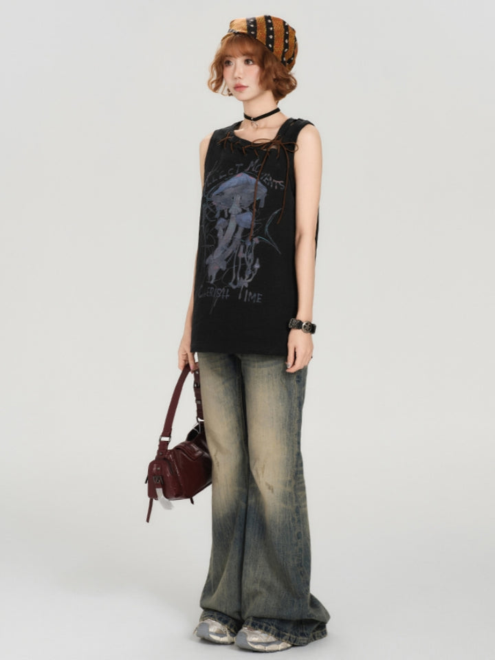 Cool Girl Street Look Vintage Sleeveless Black Tee