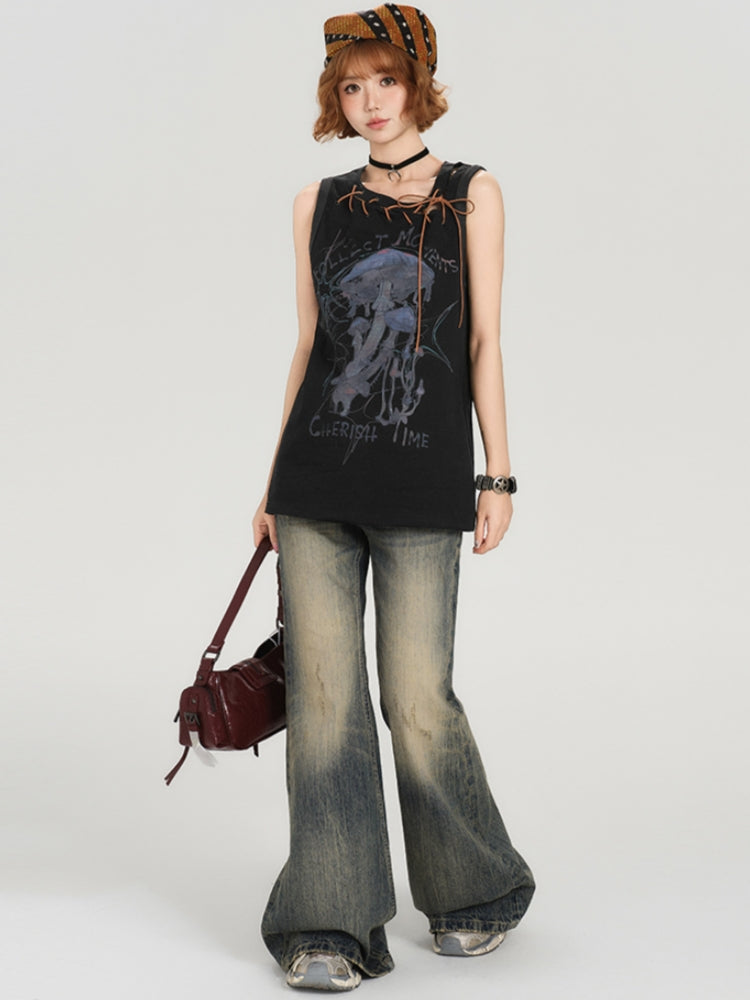 Cool Girl Street Look Vintage Sleeveless Black Tee