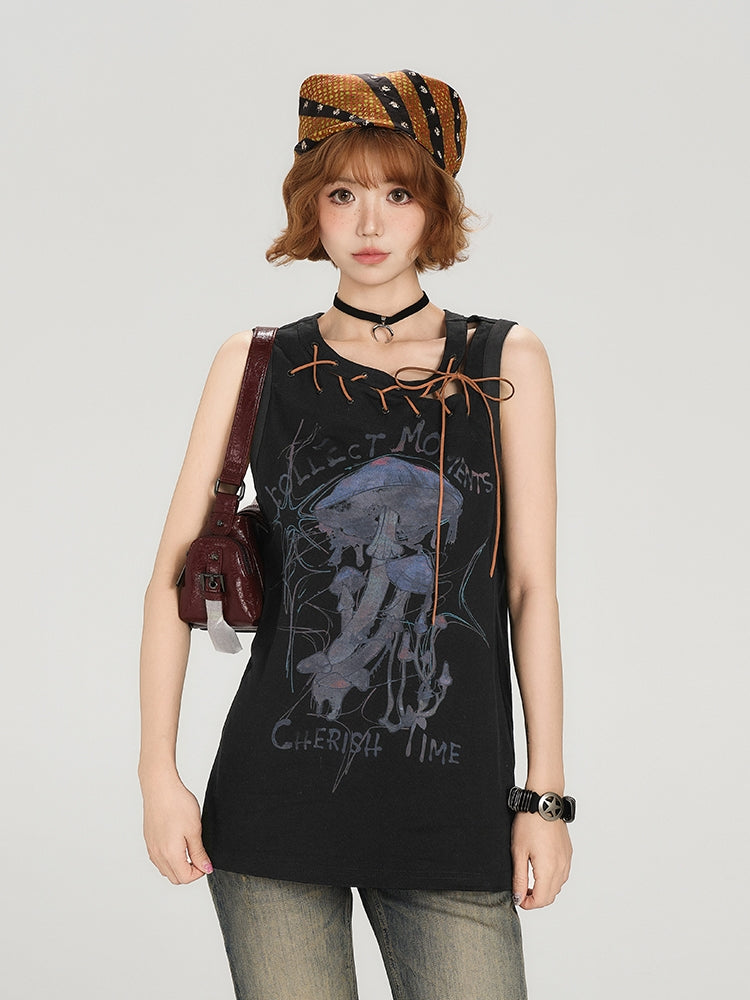 Cool Girl Street Look Vintage Sleeveless Black Tee