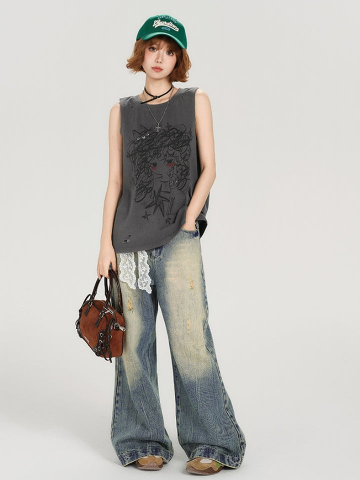 Vintage Distressed Loose Sleeveless T-shirt
