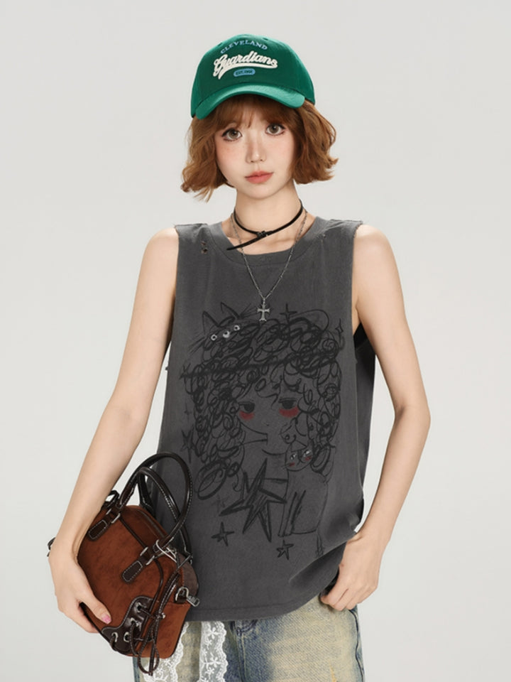 Vintage Distressed Loose Sleeveless T-shirt