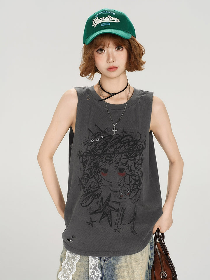 Vintage Distressed Loose Sleeveless T-shirt