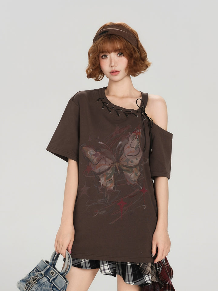 Vintage Butterfly Print Off-Shoulder Design Short Sleeve T-shirt