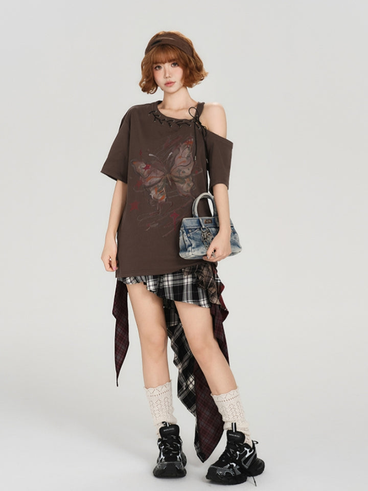 Vintage Butterfly Print Off-Shoulder Design Short Sleeve T-shirt