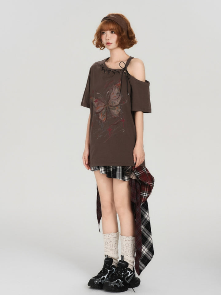 Vintage Butterfly Print Off-Shoulder Design Short Sleeve T-shirt