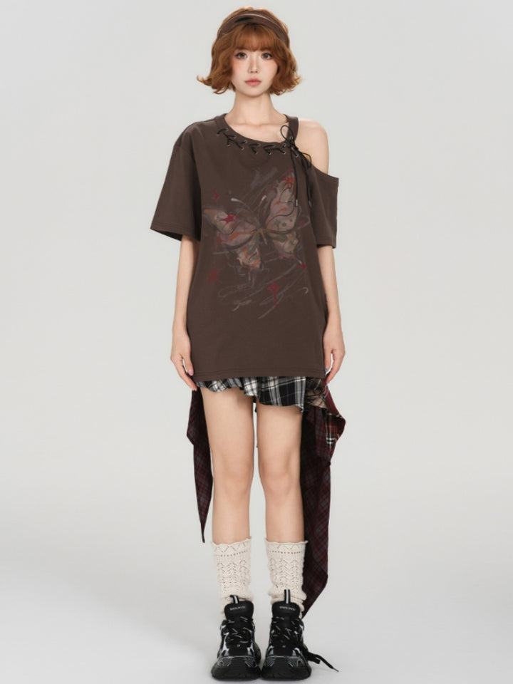 Vintage Butterfly Print Off-Shoulder Design Short Sleeve T-shirt