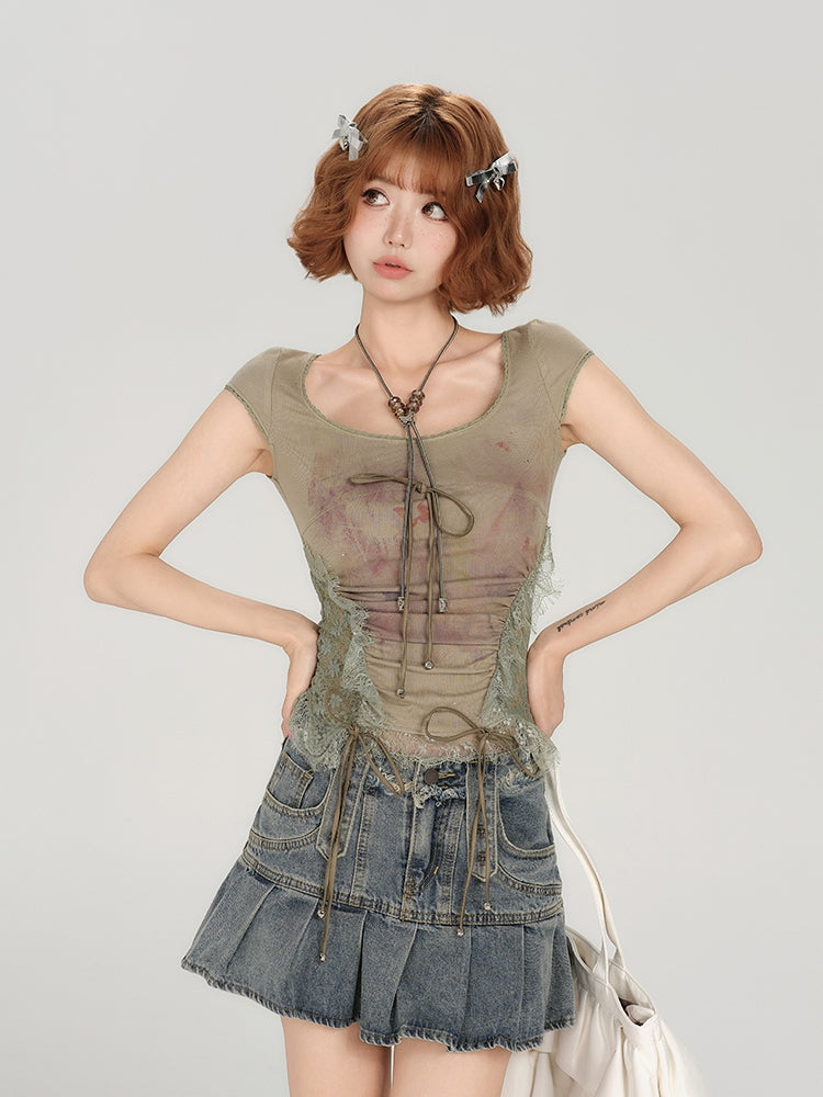 Hot Girl Heavy Lace Patch Short Sleeve T-shirt