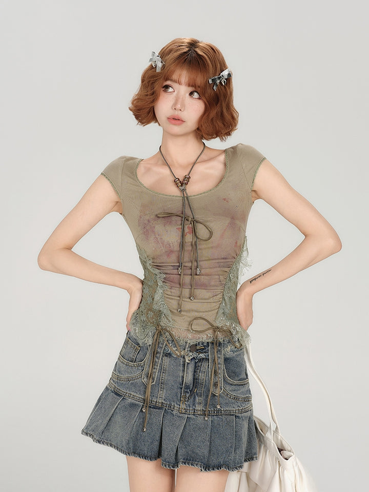 Hot Girl Heavy Lace Patch Short Sleeve T-shirt