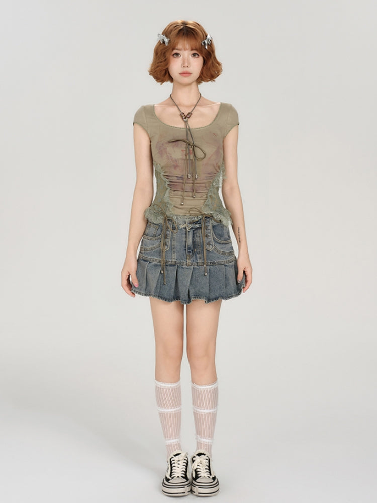 Hot Girl Heavy Lace Patch Short Sleeve T-shirt