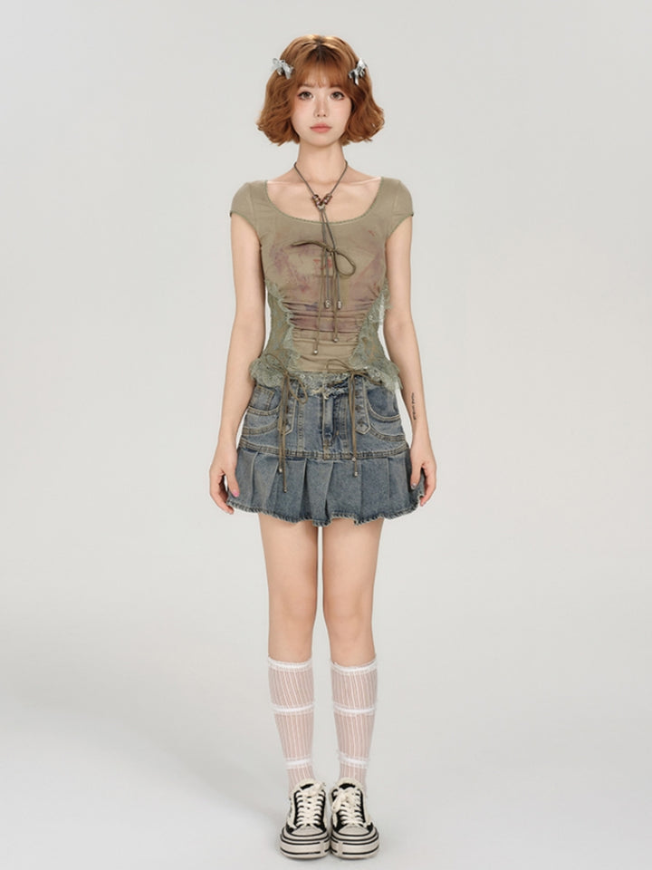 Hot Girl Heavy Lace Patch Short Sleeve T-shirt