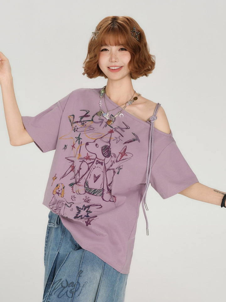 Vintage Off-Shoulder Graffiti Print Purple Short Sleeve T-shirt