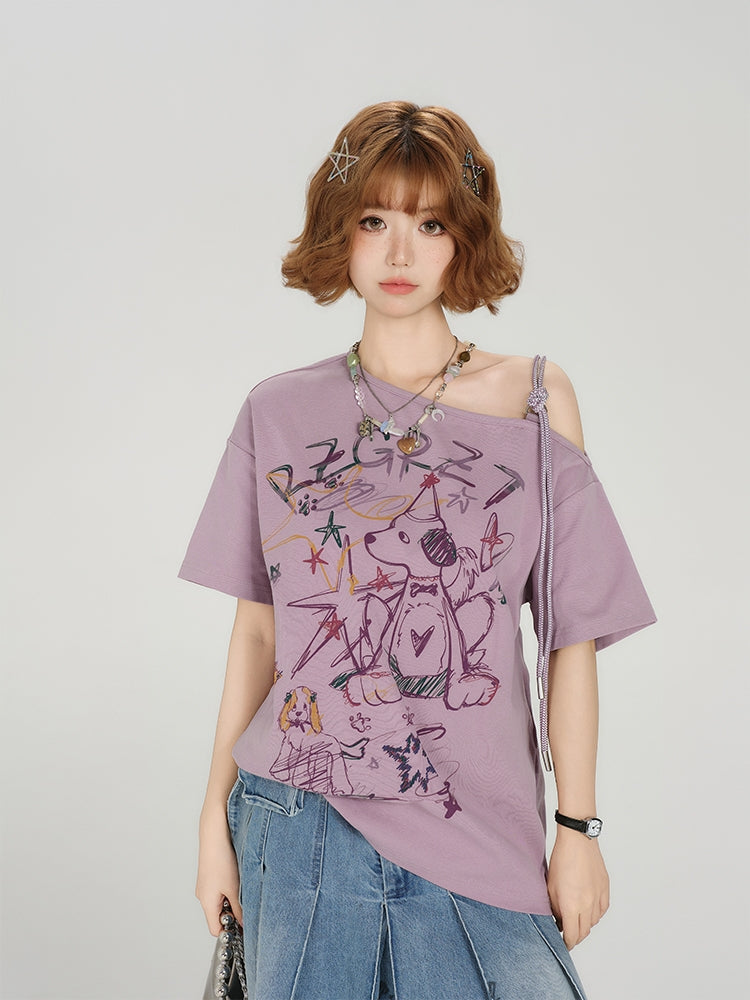 Vintage Off-Shoulder Graffiti Print Purple Short Sleeve T-shirt