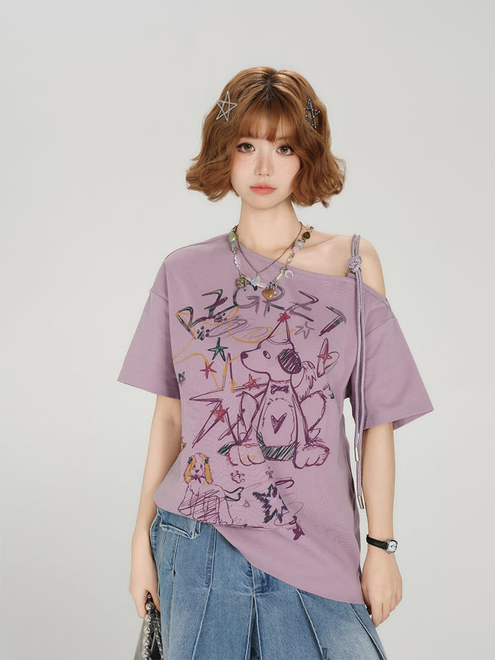 Vintage Off-Shoulder Graffiti Print Purple Short Sleeve T-shirt