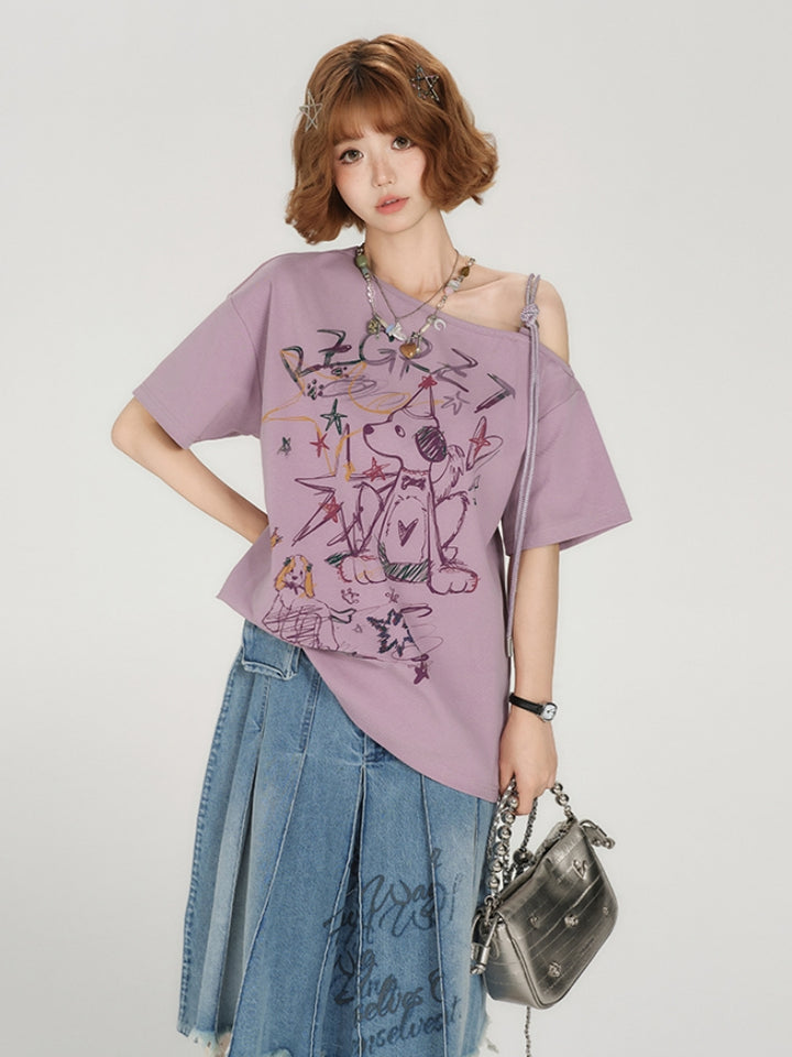 Vintage Off-Shoulder Graffiti Print Purple Short Sleeve T-shirt