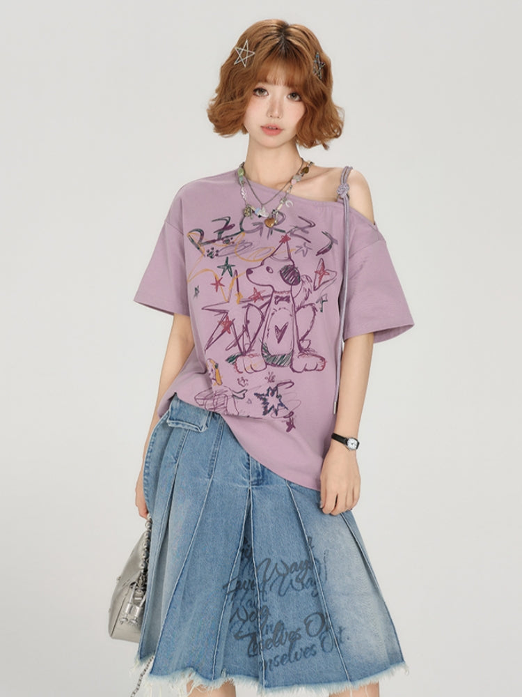 Vintage Off-Shoulder Graffiti Print Purple Short Sleeve T-shirt